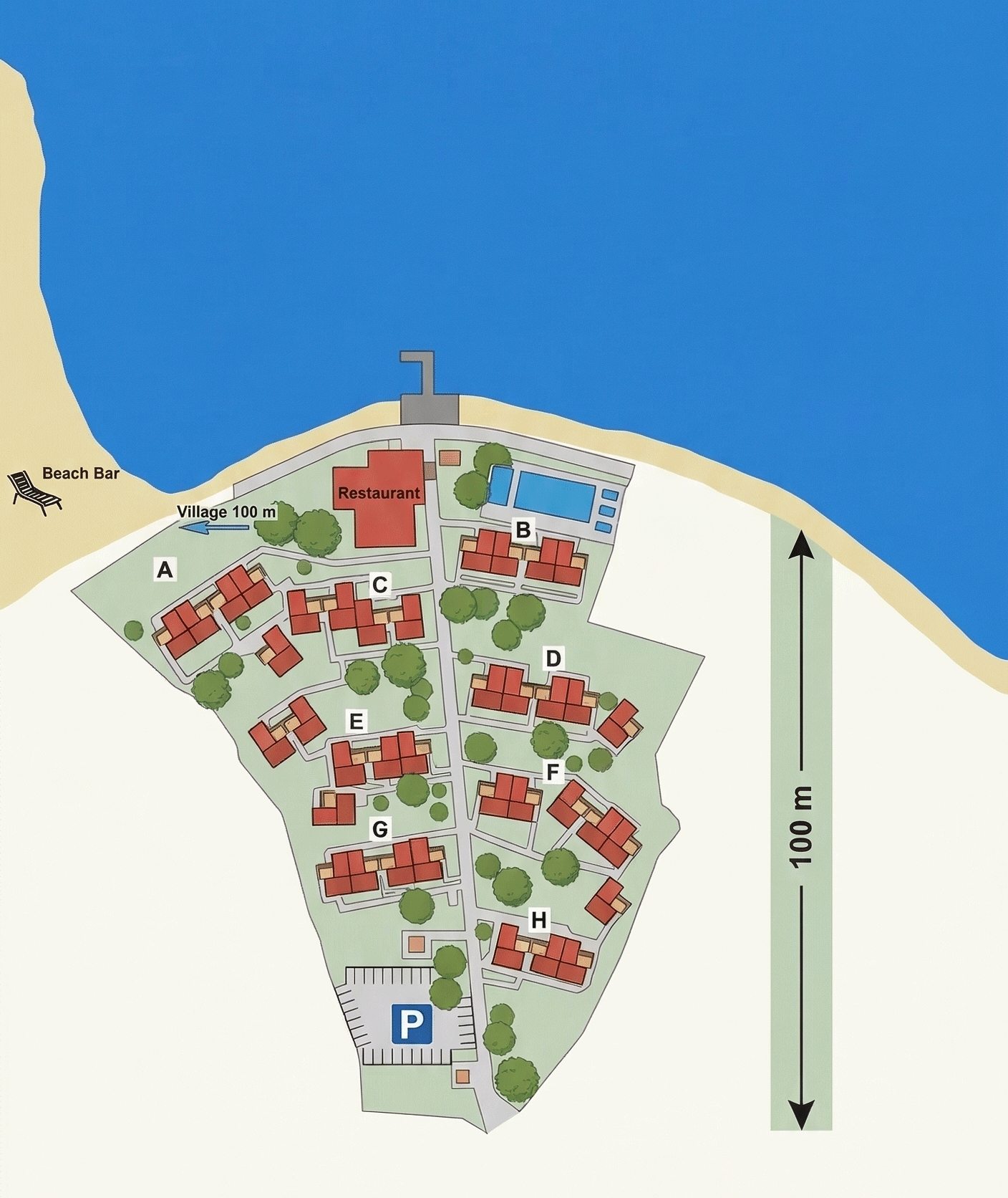 Lumbarda Resort Apartments site plan — buildings A–H, pool, restaurant, parking, beach bar