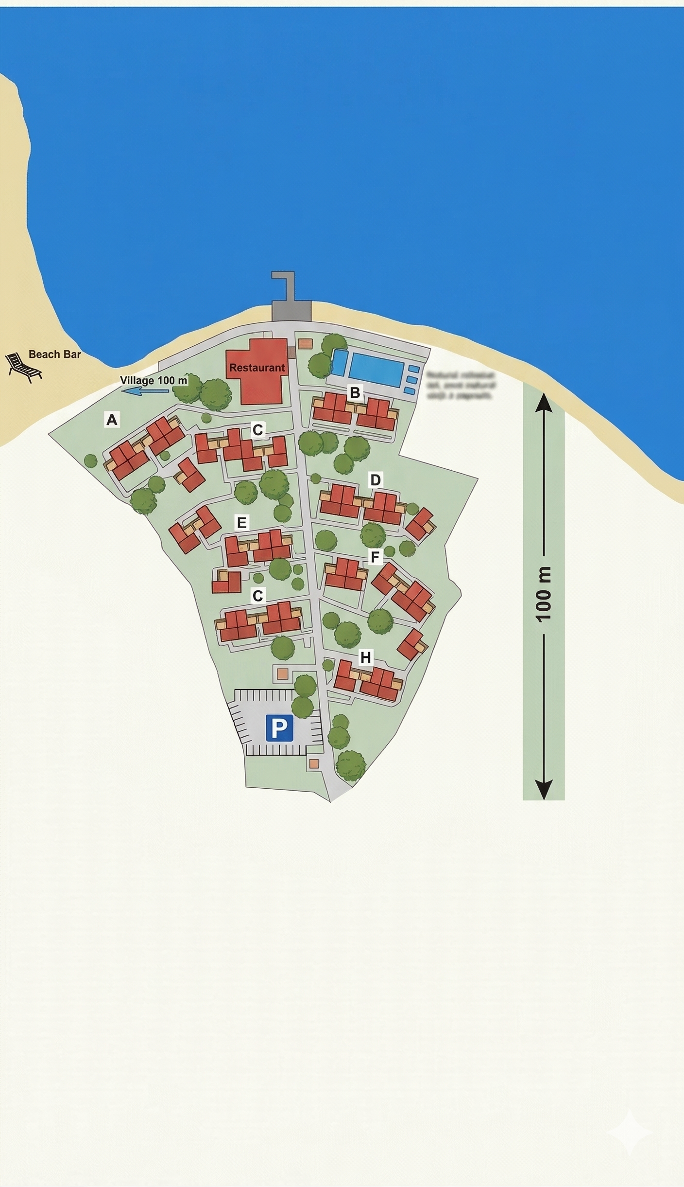 Lumbarda Resort Apartments site plan — buildings A–H, pool, restaurant, parking, beach bar